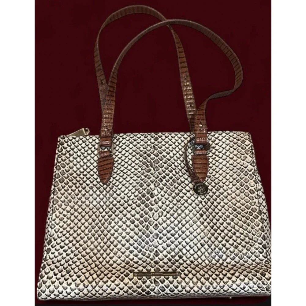 Brahmin Large Asher Tote Snake Embossed Leather Shoulder Bag Brown Ivory Purse